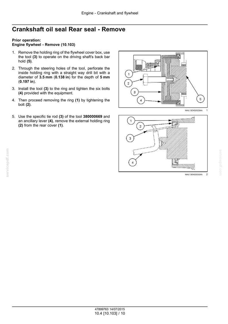 May include: Diagram of engine components with labels and instructions for removing a crankshaft oil seal. Includes illustrations of tools and parts, with measurements in inches.