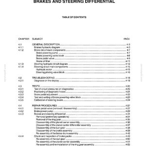 K&ouml;nnte beinhalten: Eine Seite aus einem Handbuch mit dem Titel "BREMSEN UND LENKDIFFERENTIAL." Das Inhaltsverzeichnis listet Abschnitte zu allgemeiner Beschreibung, Fehlersuche, Tests und Reparaturverfahren auf. Die Seite enth&auml;lt Abschnitts- und Seitenzahlen.