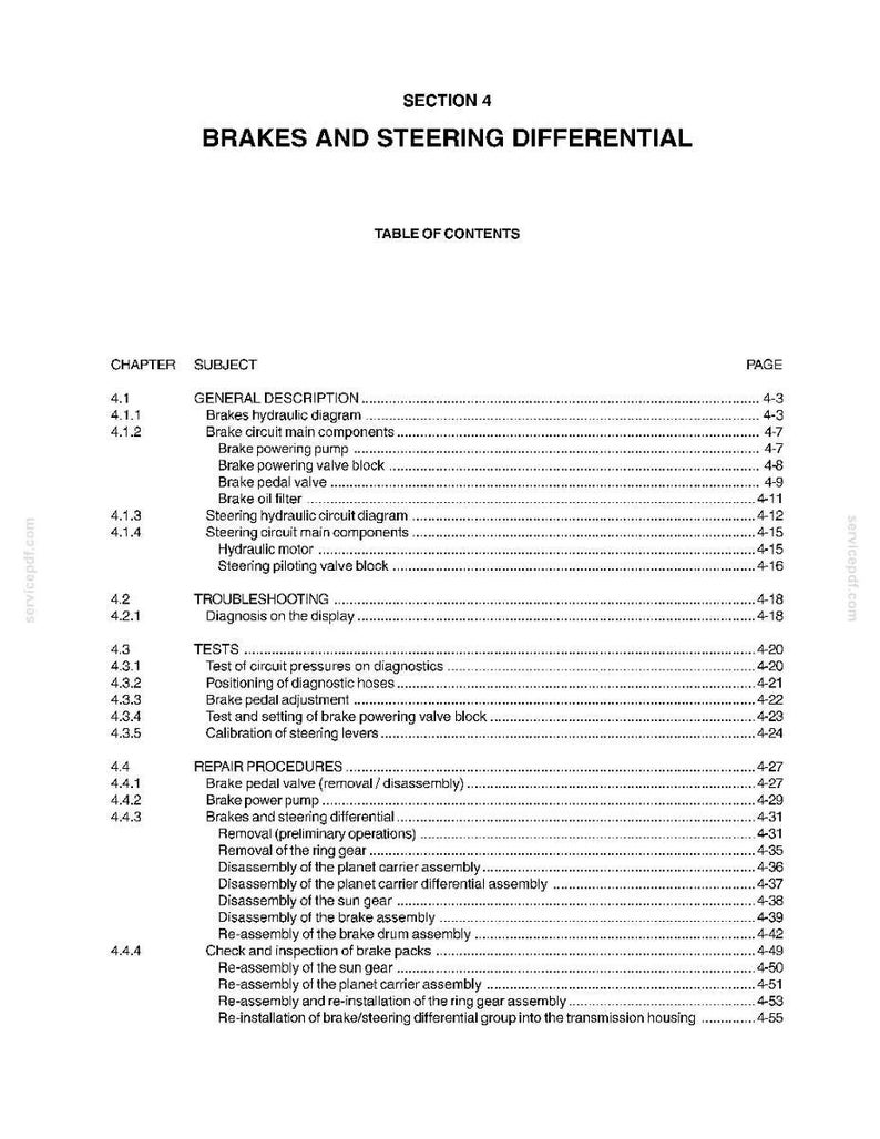 K&ouml;nnte beinhalten: Eine Seite aus einem Handbuch mit dem Titel "BREMSEN UND LENKDIFFERENTIAL." Das Inhaltsverzeichnis listet Abschnitte zu allgemeiner Beschreibung, Fehlersuche, Tests und Reparaturverfahren auf. Die Seite enth&auml;lt Abschnitts- und Seitenzahlen.