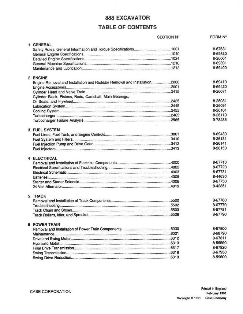 May include: A printed table of contents for an 888 Excavator manual. The document lists various sections, including engine, fuel system, electrical, track, and power train components, with corresponding section and form numbers.