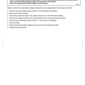 May include: A page from a maintenance manual detailing instructions for connecting booster batteries. The text includes a warning about potential accidents and a numbered list of steps to follow. The page is white with black text.
