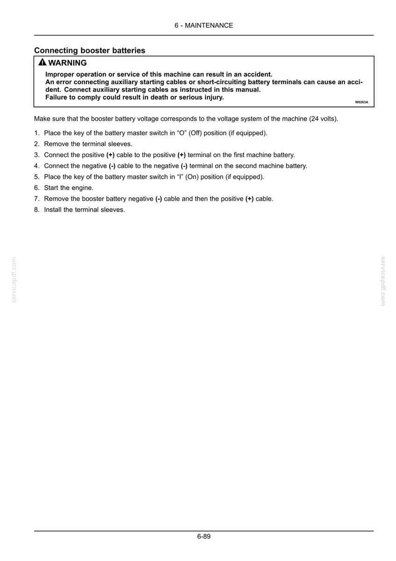 May include: A page from a maintenance manual detailing instructions for connecting booster batteries. The text includes a warning about potential accidents and a numbered list of steps to follow. The page is white with black text.