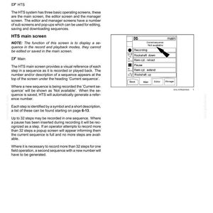 Puede incluir: Una p&aacute;gina de documento t&eacute;cnico titulada Headland function and color display screen 104057052 - V1 - 31 July 2017. Incluye texto que describe las operaciones de la pantalla principal HTS y un diagrama en blanco y negro de una interfaz digital con una flecha negra que apunta al texto Not available.