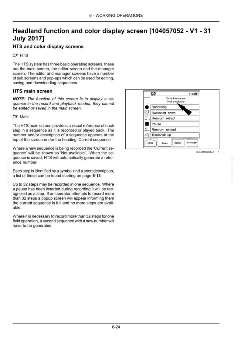 Puede incluir: Una p&aacute;gina de documento t&eacute;cnico titulada Headland function and color display screen 104057052 - V1 - 31 July 2017. Incluye texto que describe las operaciones de la pantalla principal HTS y un diagrama en blanco y negro de una interfaz digital con una flecha negra que apunta al texto Not available.