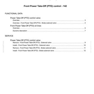 May include: A technical document page titled Contents, listing sections for Power Take-Off (PTO) 31 and Front Power Take-Off (PTO) control 142. It details functional data and service procedures for control valves, solenoid valves, and oil lines.