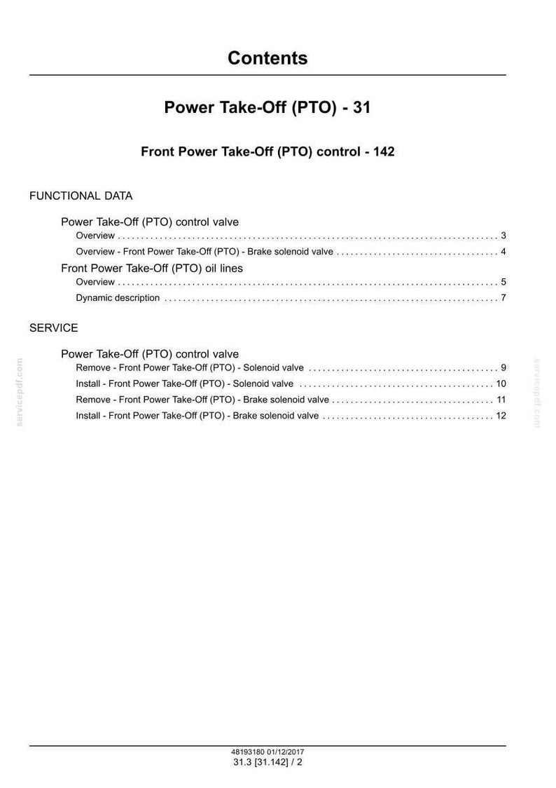 May include: A technical document page titled Contents, listing sections for Power Take-Off (PTO) 31 and Front Power Take-Off (PTO) control 142. It details functional data and service procedures for control valves, solenoid valves, and oil lines.
