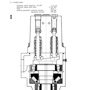 Op de afbeelding: Technische tekening van een enkele pompcomponent, gelabeld met "Componenten" en "Enkele pomp". De tekening is een gedetailleerde zwart-wit illustratie met tekst die specificaties aangeeft zoals capaciteit, snelheid en druk.
