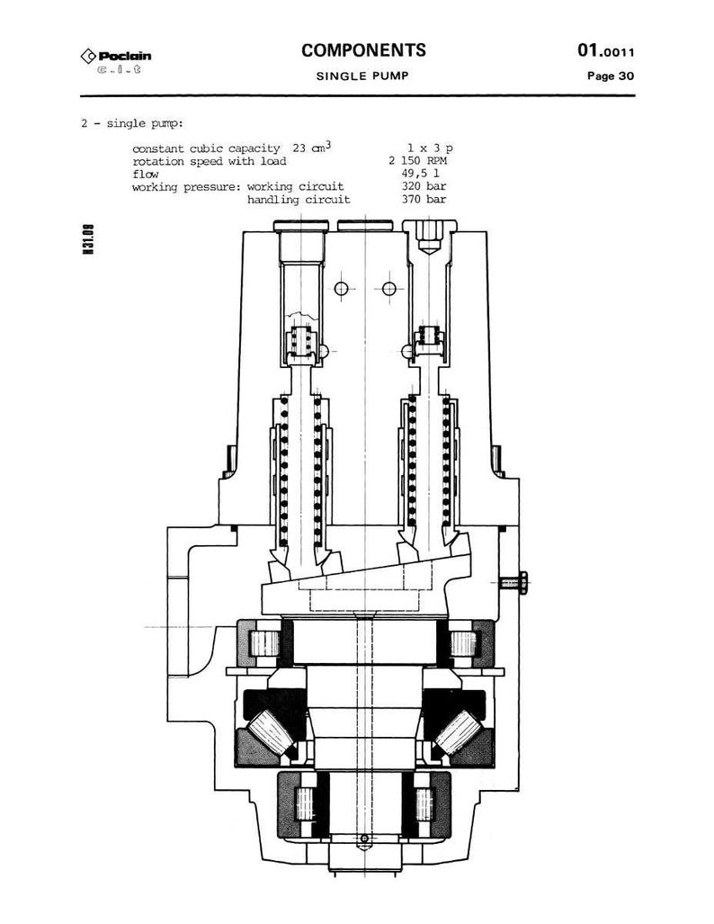 Op de afbeelding: Technische tekening van een enkele pompcomponent, gelabeld met "Componenten" en "Enkele pomp". De tekening is een gedetailleerde zwart-wit illustratie met tekst die specificaties aangeeft zoals capaciteit, snelheid en druk.
