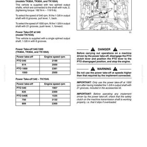 May include: A technical manual page titled SECTION 3 - FIELD OPERATION detailing Power Take-Off speeds for tractor models TK80A, TK90A, TK100A, and TK75VA. It includes a diagram of the PTO shaft, operational instructions, safety warnings, and speed tables.