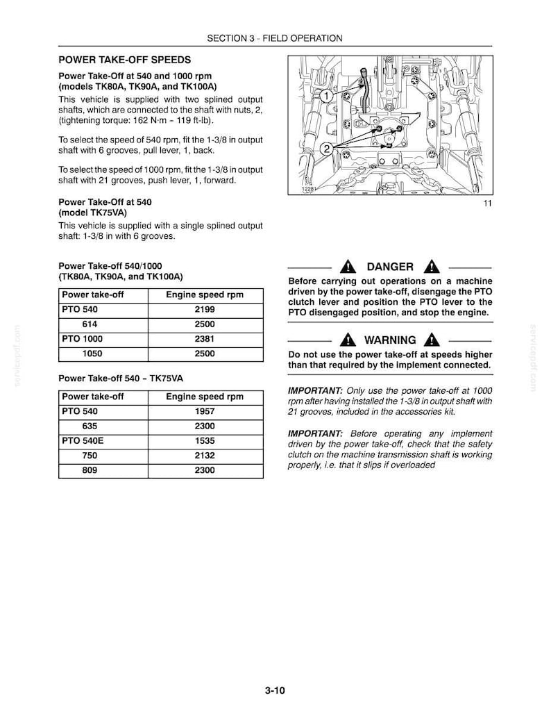 May include: A technical manual page titled SECTION 3 - FIELD OPERATION detailing Power Take-Off speeds for tractor models TK80A, TK90A, TK100A, and TK75VA. It includes a diagram of the PTO shaft, operational instructions, safety warnings, and speed tables.