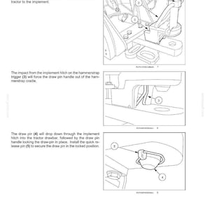 May include: A technical manual page titled 6 - WORKING OPERATIONS detailing the Drawbar Drop Pin Hammerstrap mechanism. Three black and white line drawings illustrate the tractor hitch components labelled 1 through 5 with instructional text.