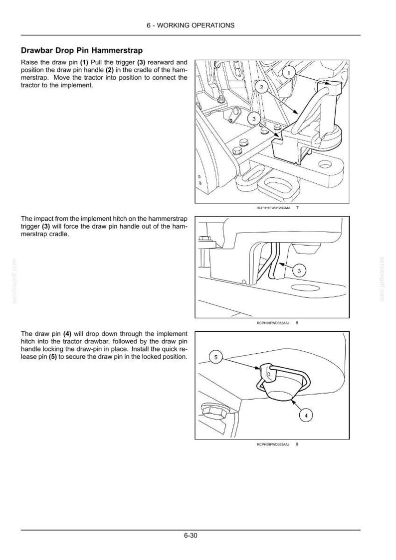 May include: A technical manual page titled 6 - WORKING OPERATIONS detailing the Drawbar Drop Pin Hammerstrap mechanism. Three black and white line drawings illustrate the tractor hitch components labelled 1 through 5 with instructional text.