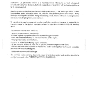 Op de afbeelding: Een document getiteld 9. REFERENCE met de garantievoorwaarden voor het emissiesysteem van Yanmar Co., Ltd. De tekst beschrijft de garantiedekking voor emissies van de Amerikaanse EPA en Californi&euml;, onderhoudsverantwoordelijkheden en uitsluitingen.
