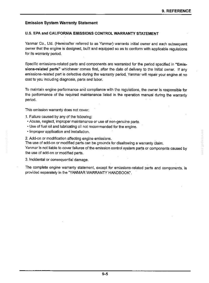 Op de afbeelding: Een document getiteld 9. REFERENCE met de garantievoorwaarden voor het emissiesysteem van Yanmar Co., Ltd. De tekst beschrijft de garantiedekking voor emissies van de Amerikaanse EPA en Californi&euml;, onderhoudsverantwoordelijkheden en uitsluitingen.
