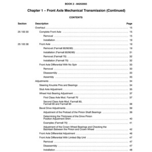 May include: A page from a manual titled "SECTION 25 - FRONT AXLE MECHANICAL TRANSMISSION." The table of contents lists sections like "Complete Front Axle," "Front Axle," and "Adjustments." The text is in black font on a white background.