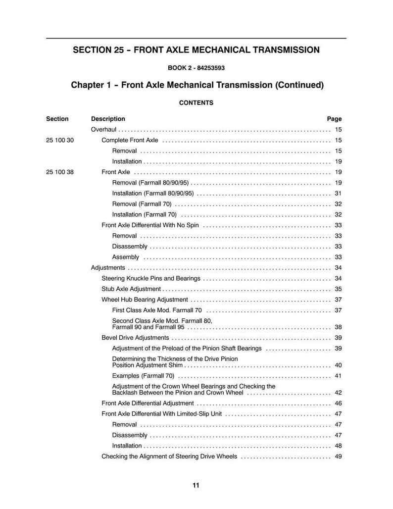May include: A page from a manual titled "SECTION 25 - FRONT AXLE MECHANICAL TRANSMISSION." The table of contents lists sections like "Complete Front Axle," "Front Axle," and "Adjustments." The text is in black font on a white background.