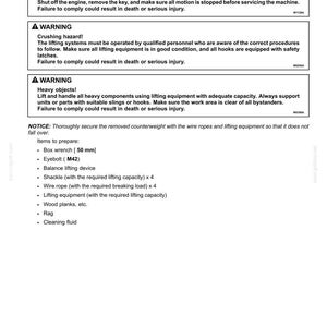 May include: A technical document with safety warnings and instructions for preparing a counterweight. Includes a list of items to prepare, such as a box wrench (50 mm), eyebolt (M42), and lifting equipment.