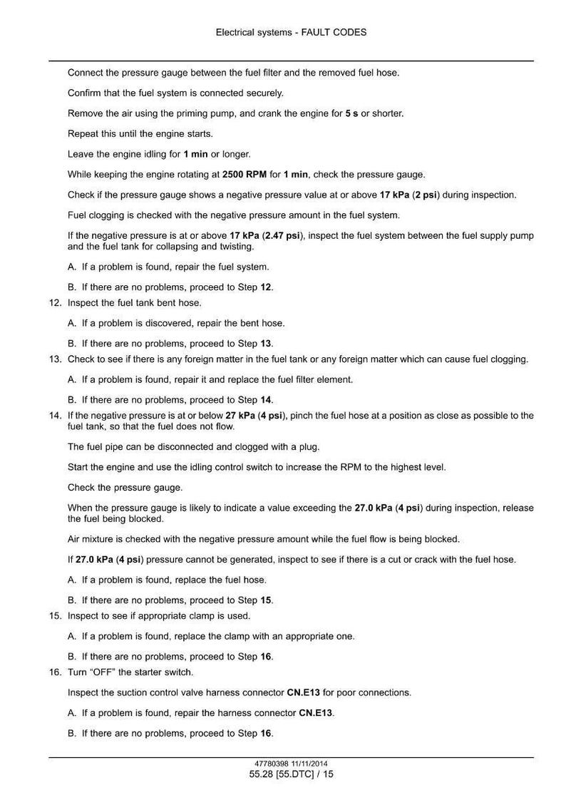 May include: A printed page with automotive electrical system fault codes. The text includes instructions for checking fuel pressure, identifying fuel system issues, and troubleshooting. The document also includes a date and part number.