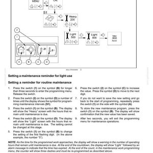 Puede incluir: Una p&aacute;gina de manual t&eacute;cnico titulada 3-CONTROLS AND INSTRUMENTS que muestra un diagrama de flujo para configurar recordatorios de mantenimiento. Incluye diagramas de interruptores etiquetados A, B, C y D, e iconos de configuraci&oacute;n y mantenimiento.