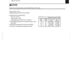 May include: A page from a manual detailing installation instructions for an upper structure. The text includes steps, tool specifications, and tightening torque values in both N-m and lbf-ft. A table provides thread size, spanner size, and torque values.