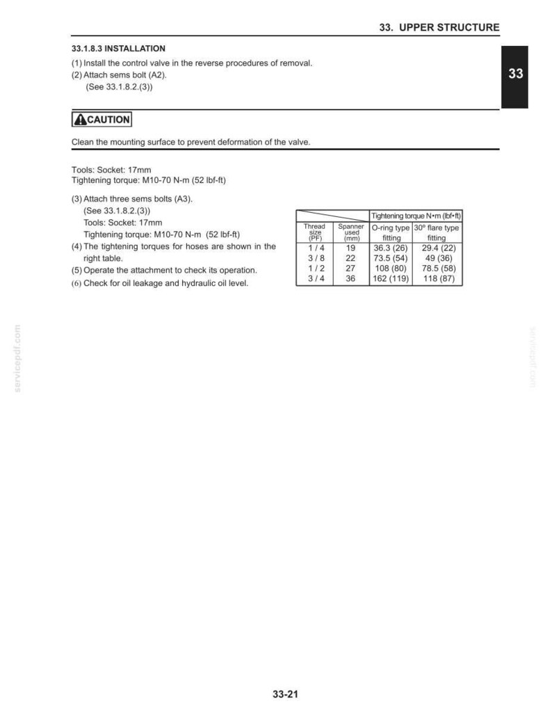 May include: A page from a manual detailing installation instructions for an upper structure. The text includes steps, tool specifications, and tightening torque values in both N-m and lbf-ft. A table provides thread size, spanner size, and torque values.