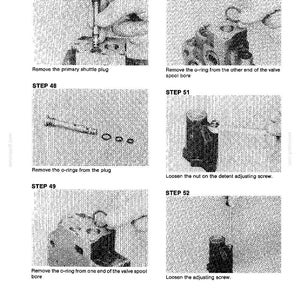 May include: A technical diagram with six steps for mechanical repair. The steps include removing plugs, o-rings, and screws from various components. Text includes "Remove the primary shuttle plug" and "Loosen the adjusting screw."