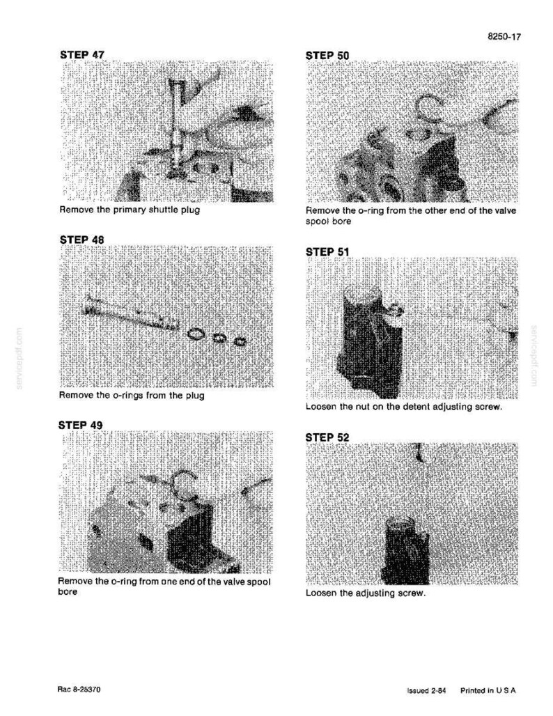 May include: A technical diagram with six steps for mechanical repair. The steps include removing plugs, o-rings, and screws from various components. Text includes "Remove the primary shuttle plug" and "Loosen the adjusting screw."