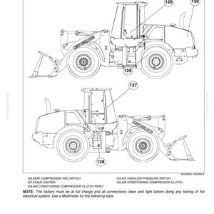 May include: A technical line drawing of a New Holland construction vehicle showing the air seat, cigar lighter, and air conditioning compressor. Labeled parts include 126 seat compressor and switch, 127 cigar lighter, 128 air conditioning compressor clutch relay, 129 A/C high/low pressure switch, and 130 air conditioning compressor clutch.