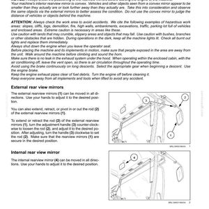 May include: Diagram of a vehicle's rear view mirrors, including external and internal mirrors. Instructions detail adjusting the mirrors, with numbered components and arrows pointing to specific parts for adjustment and positioning.