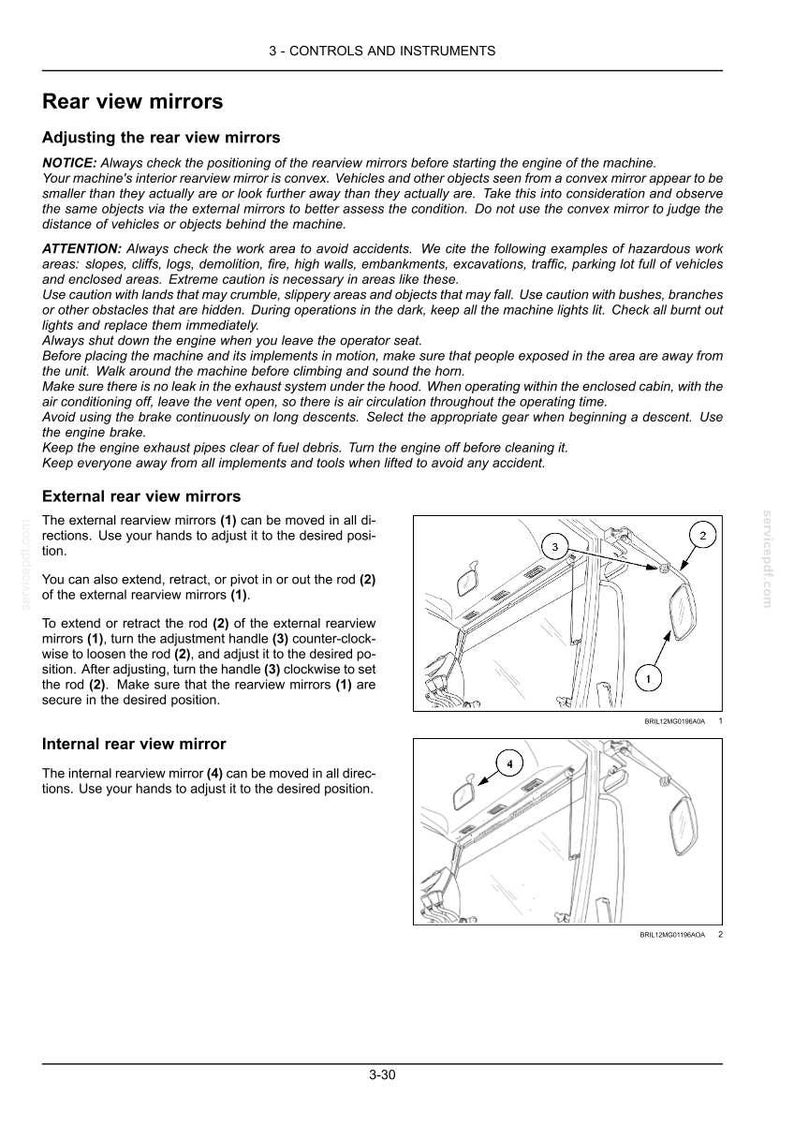 May include: Diagram of a vehicle's rear view mirrors, including external and internal mirrors. Instructions detail adjusting the mirrors, with numbered components and arrows pointing to specific parts for adjustment and positioning.