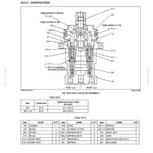 May include: Diagram of a pilot valve assembly with labels and a parts list. The diagram includes sections for disassembly, assembly, and upper slewing structure. The parts list includes items like casing, plate, spool, and various seals and springs.