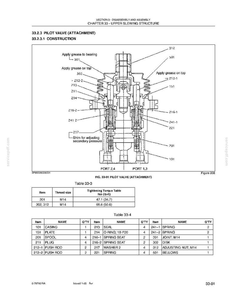May include: Diagram of a pilot valve assembly with labels and a parts list. The diagram includes sections for disassembly, assembly, and upper slewing structure. The parts list includes items like casing, plate, spool, and various seals and springs.
