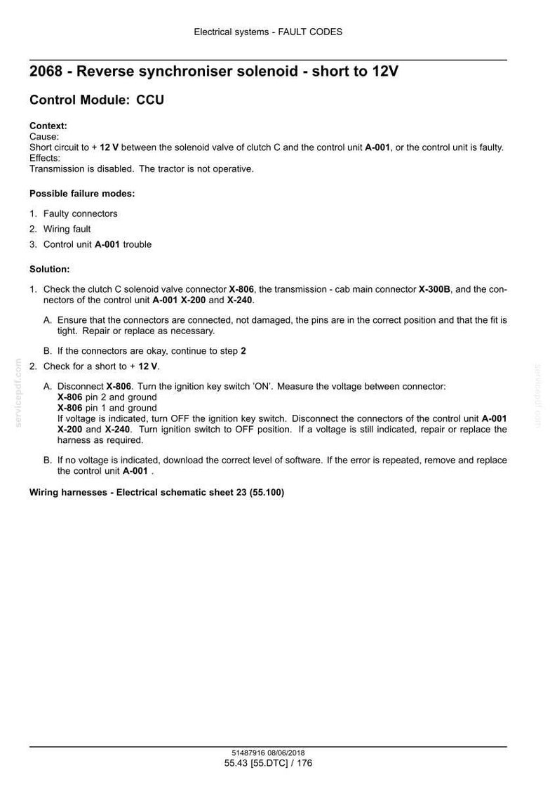 May include: Document detailing fault codes for electrical systems, specifically the 2068 reverse synchroniser solenoid short to 12V. Includes context, cause, effects, possible failure modes, and a solution with troubleshooting steps.