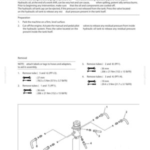 May include: A technical manual page titled SWIVEL JOINT E265B-E305B detailing removal and installation procedures. It includes a warning section, numbered preparation steps, and a diagram showing a central swivel joint with eight numbered tubes.