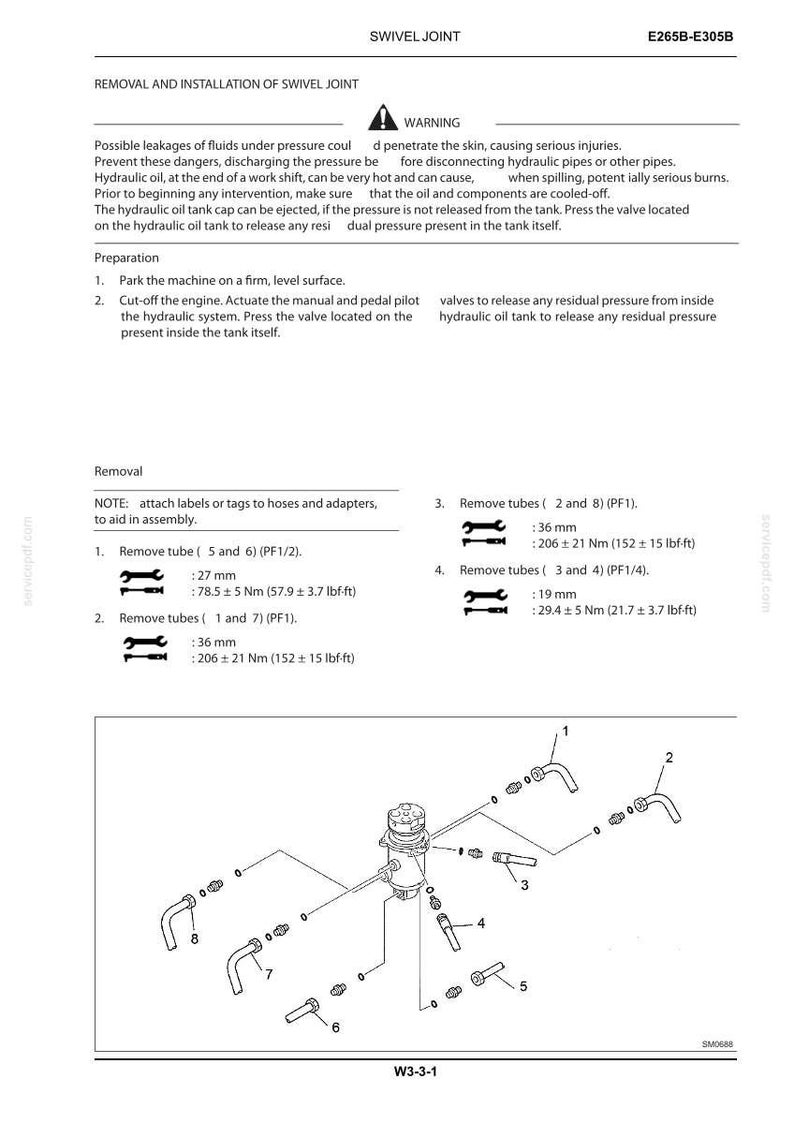 May include: A technical manual page titled SWIVEL JOINT E265B-E305B detailing removal and installation procedures. It includes a warning section, numbered preparation steps, and a diagram showing a central swivel joint with eight numbered tubes.