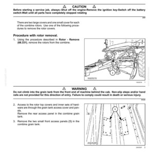May include: Diagram of a combine harvester's rotor housing, with instructions for removing rotor covers. Includes warnings about safety and accessing the grain tank. Text includes "CAUTION" and "WARNING" labels, and measurements are in inches.