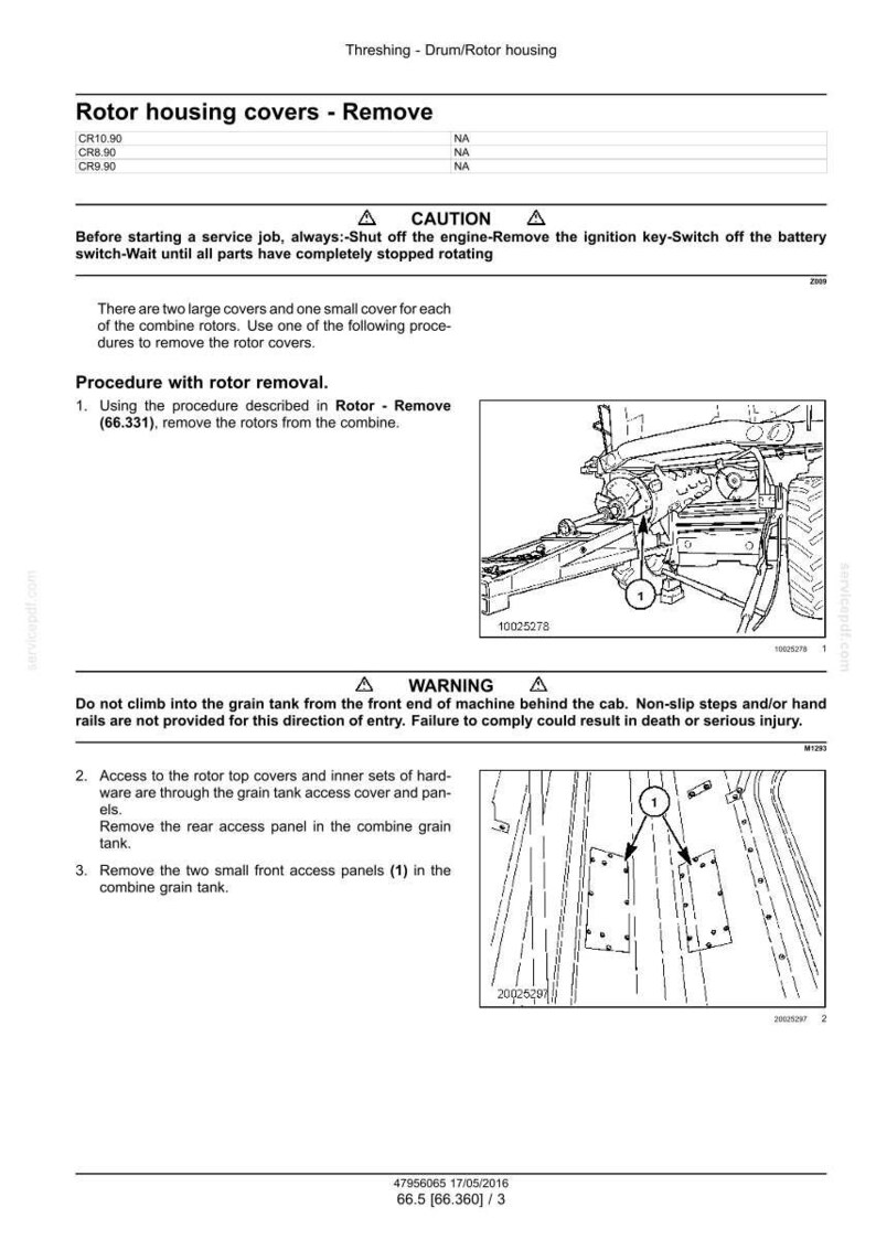 May include: Diagram of a combine harvester's rotor housing, with instructions for removing rotor covers. Includes warnings about safety and accessing the grain tank. Text includes "CAUTION" and "WARNING" labels, and measurements are in inches.