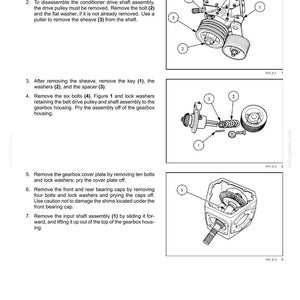 May include: Diagram illustrating the disassembly of a bevel gearbox, with numbered steps and accompanying illustrations. Features detailed views of components such as pulleys, bolts, and the gearbox housing. Text instructions are provided.