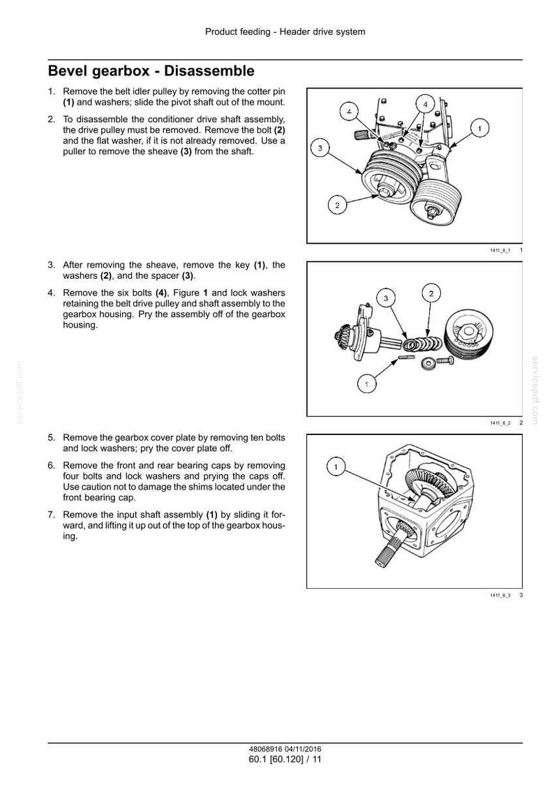 May include: Diagram illustrating the disassembly of a bevel gearbox, with numbered steps and accompanying illustrations. Features detailed views of components such as pulleys, bolts, and the gearbox housing. Text instructions are provided.