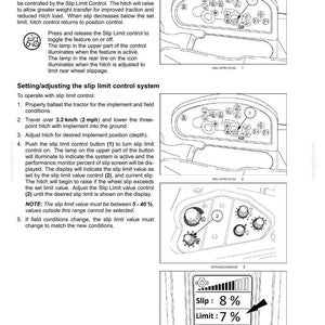 May include: A technical manual page titled 6-WORKING OPERATIONS detailing slip control operation for a tractor. It includes diagrams of a control console with numbered buttons 1 and 2, and a digital display showing Slip 8%, Limit 7%, and Hitch 96%.