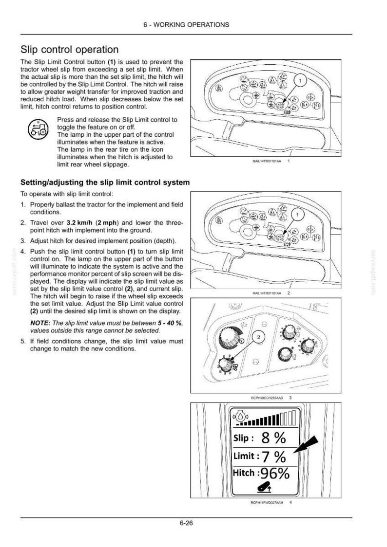 May include: A technical manual page titled 6-WORKING OPERATIONS detailing slip control operation for a tractor. It includes diagrams of a control console with numbered buttons 1 and 2, and a digital display showing Slip 8%, Limit 7%, and Hitch 96%.