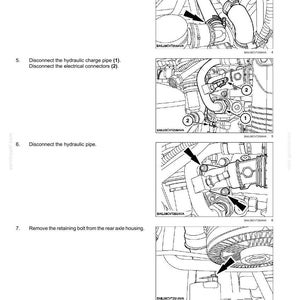 May include: Diagram of a car's power train, specifically the continuously variable transmission (CVT). The image shows steps for disconnecting hydraulic pipes, charge pipes, and electrical connectors. Includes text and arrows.