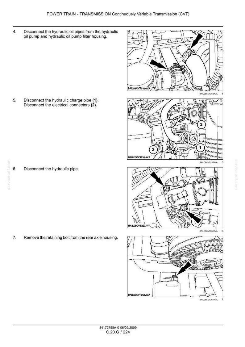 May include: Diagram of a car's power train, specifically the continuously variable transmission (CVT). The image shows steps for disconnecting hydraulic pipes, charge pipes, and electrical connectors. Includes text and arrows.