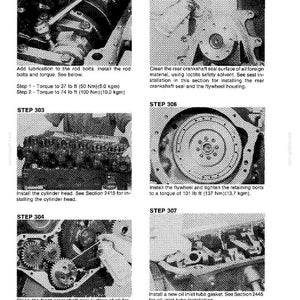 K&ouml;nnte beinhalten: Eine technische Zeichnung mit Anweisungen zur Motorreparatur. Die Schritte umfassen das Schmieren von Schrauben, das Reinigen von Oberfl&auml;chen, den Einbau von Teilen und das Anziehen von Schrauben mit spezifischen Drehmomentwerten, wie z. B. 50 Nm und 100 Nm.