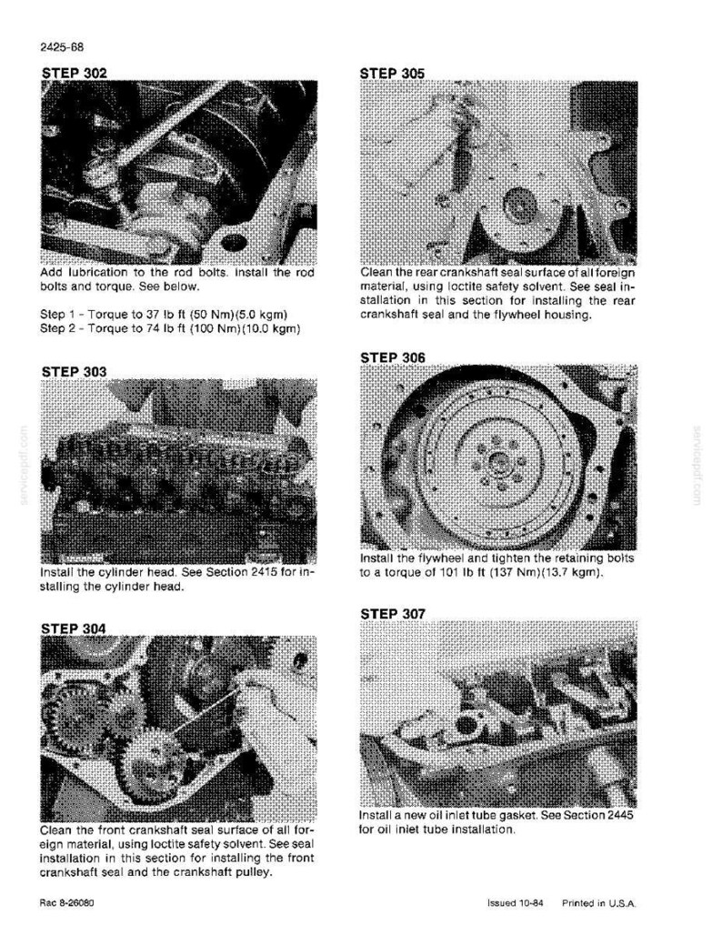 K&ouml;nnte beinhalten: Eine technische Zeichnung mit Anweisungen zur Motorreparatur. Die Schritte umfassen das Schmieren von Schrauben, das Reinigen von Oberfl&auml;chen, den Einbau von Teilen und das Anziehen von Schrauben mit spezifischen Drehmomentwerten, wie z. B. 50 Nm und 100 Nm.
