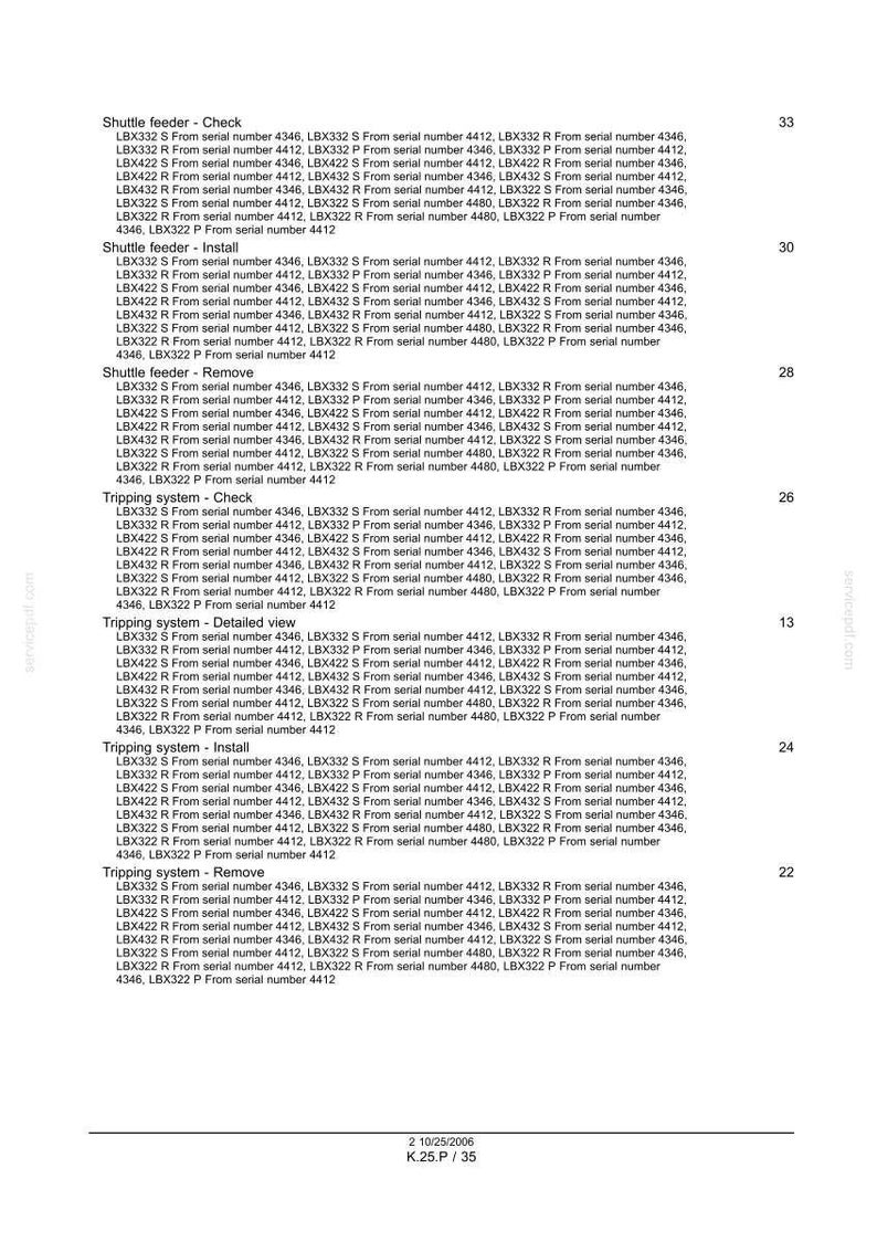 May include: A technical document with lists of serial numbers and instructions for various "Shuttle feeder" and "Tripping system" operations. The document includes headings like "Check", "Install", and "Remove".