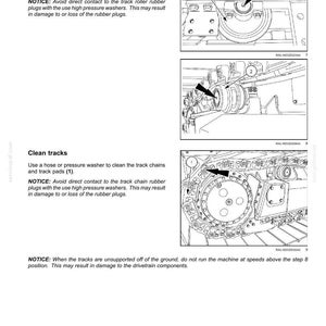 May include: Diagram from a manual showing working operations. The image includes illustrations of cleaning track frame rollers and track chains. Text provides instructions and warnings about high-pressure washers.