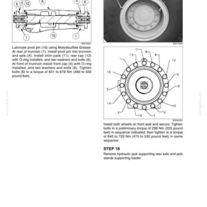 May include: Diagrams and instructions for machinery repair. Step-by-step guide with labeled parts, including bolts, caps, and pins. Text details torque specifications in pound-feet and Newton-meters. Includes a wheel diagram with bolt tightening sequence.
