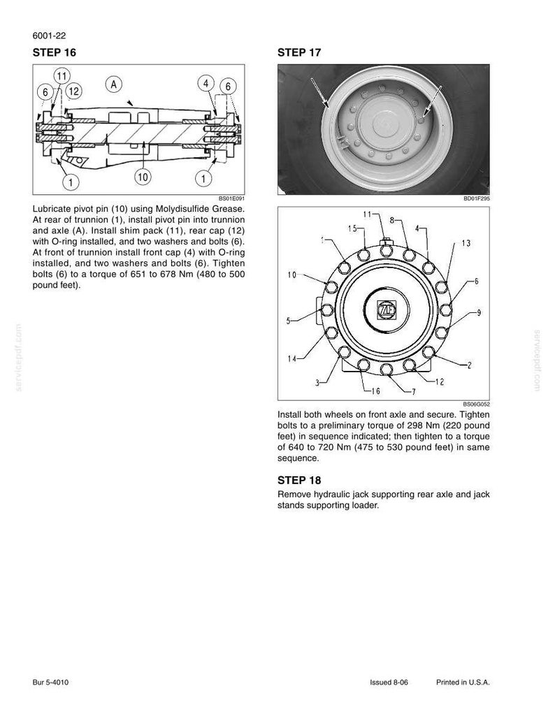 May include: Diagrams and instructions for machinery repair. Step-by-step guide with labeled parts, including bolts, caps, and pins. Text details torque specifications in pound-feet and Newton-meters. Includes a wheel diagram with bolt tightening sequence.