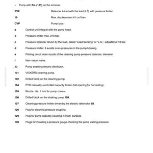 May include: Diagram of a hydraulic system with the title "HYDRAULIC SYSTEM" and "VICKERS" HYDRAULIC CLEANING PUMP" at the top. The diagram includes a list of components with descriptions, such as a pressure limiter and a cleaning pump.